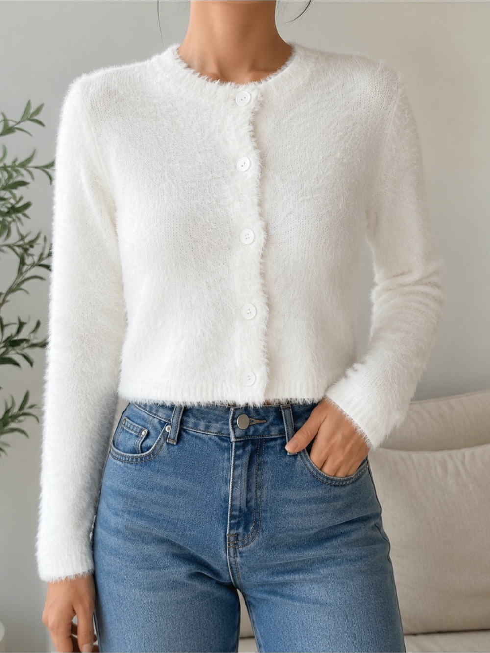 Cloth & Stone Fuzzy White Button-Up Cardigan Sweater Size Medium